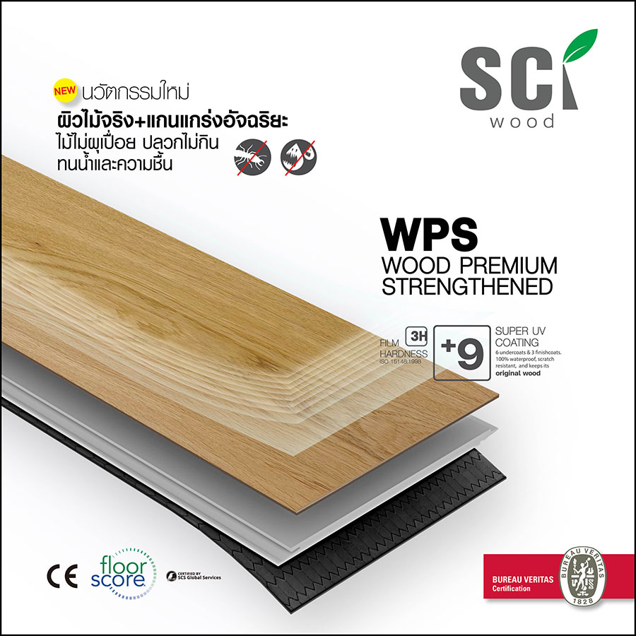 โครงสร้างไม้พื้น WPS Wood Premium Strengthened ผิวไม้จริง เคลือบ Super UV 9 ชั้น